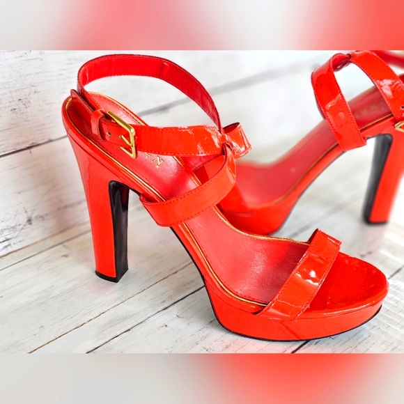 Ralph Lauren Faythe Bright Orange 100% Leather Strappy Platform Heels Size 10B - Picture 9 of 15